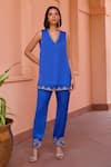 Isha Gupta Tayal_Blue Kurta And Pant Linen Satin Embroidered Tilla Hoor Cape With Set  _Online