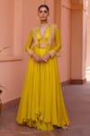 Buy_Isha Gupta Tayal_Yellow Top Satin Embroidered Tilla V Neck Mastani Cape Sharara Set  _at_Aza_Fashions