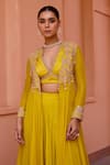 Isha Gupta Tayal_Yellow Top Satin Embroidered Tilla V Neck Mastani Cape Sharara Set  _at_Aza_Fashions