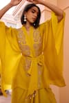 Isha Gupta Tayal_Yellow Top Satin Organza Embroidered Tilla Aashna Kimono Skirt Set _at_Aza_Fashions