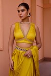 Shop_Isha Gupta Tayal_Yellow Saree And Top Satin Embroidered Chandni Pre-draped With Blouse _at_Aza_Fashions