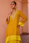 Buy_Isha Gupta Tayal_Yellow Organza Printed Bandhani Round Gulbaag Kurta Pant Set 
