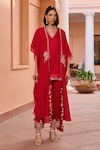 Buy_Isha Gupta Tayal_Red Kurta And Pant Linen Satin Embroidered Shalene Cape With Set _at_Aza_Fashions