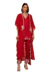 Buy_Isha Gupta Tayal_Red Kurta And Pant Linen Satin Embroidered Shalene Cape With Set _Online_at_Aza_Fashions