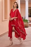 Shop_Isha Gupta Tayal_Red Kurta And Pant Linen Satin Embroidered Shalene Cape With Set _Online_at_Aza_Fashions