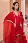 Isha Gupta Tayal_Red Kurta And Pant Linen Satin Embroidered Shalene Cape With Set _at_Aza_Fashions