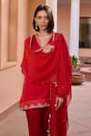 Buy_Isha Gupta Tayal_Red Kurta And Pant Linen Satin Embroidered Shalene Cape With Set 