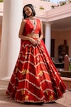 Buy_Isha Gupta Tayal_Red Lehenga Silk Printed Floral V Neck Shringar Set _at_Aza_Fashions