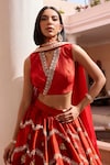 Shop_Isha Gupta Tayal_Red Lehenga Silk Printed Floral V Neck Shringar Set 