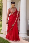 Buy_Isha Gupta Tayal_Red Chanderi Jacquard Embroidered Dori Round Apsara Border Saree Set _at_Aza_Fashions