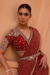 Buy_Isha Gupta Tayal_Red Georgette Printed Bandhani V Neck Tara Pre-draped Saree Set _Online_at_Aza_Fashions