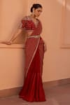 Shop_Isha Gupta Tayal_Red Georgette Printed Bandhani V Neck Tara Pre-draped Saree Set _Online_at_Aza_Fashions