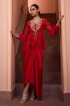 Isha Gupta Tayal_Red Top Organza Embroidered Dori V Neck Shabnami Skirt Set _Online_at_Aza_Fashions