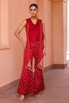 Buy_Isha Gupta Tayal_Red Satin Embroidered Floral Cowl Neck Gulab Draped Top And Pant Set _at_Aza_Fashions