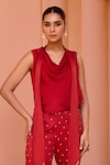 Shop_Isha Gupta Tayal_Red Satin Embroidered Floral Cowl Neck Gulab Draped Top And Pant Set _at_Aza_Fashions