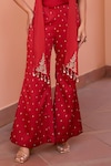 Isha Gupta Tayal_Red Satin Embroidered Floral Cowl Neck Gulab Draped Top And Pant Set _Online_at_Aza_Fashions