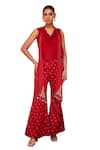 Buy_Isha Gupta Tayal_Red Satin Embroidered Floral Cowl Neck Gulab Draped Top And Pant Set _Online_at_Aza_Fashions