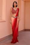 Buy_Isha Gupta Tayal_Red Saree Crepe Printed Bandhani V Neck Firoza Ombre Pre-stitched With Blouse _at_Aza_Fashions