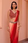 Isha Gupta Tayal_Red Saree Crepe Printed Bandhani V Neck Firoza Ombre Pre-stitched With Blouse _Online_at_Aza_Fashions