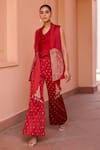 Buy_Isha Gupta Tayal_Red Satin Embroidery Zari Thread Jacket Shawl Collar Aafreen Flared Pant Set _at_Aza_Fashions