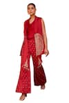 Isha Gupta Tayal_Red Satin Embroidery Zari Thread Jacket Shawl Collar Aafreen Flared Pant Set _Online_at_Aza_Fashions