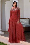 Buy_Isha Gupta Tayal_Red Kurta And Sharara Georgette Embroidery Bandhani Round Sara Pattern Set_at_Aza_Fashions