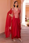 Buy_Isha Gupta Tayal_Red Cape Organza Embroidery Tilla Cape Open Ratan Draped Skirt Set _at_Aza_Fashions