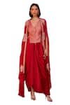 Isha Gupta Tayal_Red Cape Organza Embroidery Tilla Cape Open Ratan Draped Skirt Set _at_Aza_Fashions