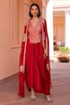 Buy_Isha Gupta Tayal_Red Waistcoat Chanderi Woven Floral V Aiza And Draped Skirt Set _at_Aza_Fashions