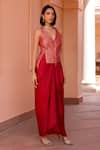 Shop_Isha Gupta Tayal_Red Waistcoat Chanderi Woven Floral V Aiza And Draped Skirt Set _at_Aza_Fashions