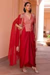 Buy_Isha Gupta Tayal_Red Waistcoat Chanderi Woven Floral V Aiza And Draped Skirt Set _Online_at_Aza_Fashions