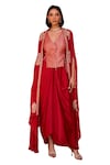 Shop_Isha Gupta Tayal_Red Waistcoat Chanderi Woven Floral V Aiza And Draped Skirt Set _Online_at_Aza_Fashions