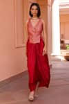 Isha Gupta Tayal_Red Waistcoat Chanderi Woven Floral V Aiza And Draped Skirt Set _at_Aza_Fashions