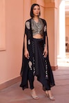 Buy_Isha Gupta Tayal_Black Cape Organza Embroidery Dori Seher Marodi Draped Pant Set _Online_at_Aza_Fashions