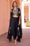 Shop_Isha Gupta Tayal_Black Cape Organza Embroidery Dori Cape Open Seher Marodi Draped Pant Set _Online_at_Aza_Fashions