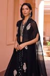 Isha Gupta Tayal_Black Cape Organza Embroidery Dori Cape Open Seher Marodi Draped Pant Set _Online