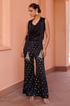 Buy_Isha Gupta Tayal_Black Satin Embroidery Tilla Cowl Neck Jugni Top And Pant Set _at_Aza_Fashions