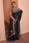 Shop_Isha Gupta Tayal_Black Saree Pure Satin Embroidery Tilla V Raina Border With Blouse _at_Aza_Fashions