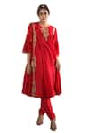 Buy_VikaByArvindAmpula_Red Chanderi Hand Embroidered Sequins Round Kurta And Pant Set  _Online_at_Aza_Fashions