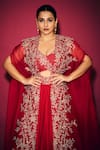 Mrunalini Rao_Red Dupion Silk Embroidery Zardozi Cape Open And Skirt Set _at_Aza_Fashions