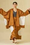 Stoique_Orange Satin Linen Applique Open Blossom Kimono Overlay _Online_at_Aza_Fashions