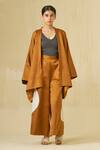 Stoique_Orange Satin Linen Applique Open Blossom Kimono Overlay _at_Aza_Fashions