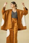 Shop_Stoique_Orange Satin Linen Applique Open Blossom Kimono Overlay 