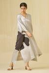Shop_Stoique_Silver Mashru Silk Applique V-neck Cosmos Side Slit Tunic Dress _at_Aza_Fashions