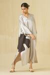 Stoique_Silver Mashru Silk Applique V-neck Cosmos Side Slit Tunic Dress _at_Aza_Fashions