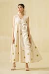 Buy_Stoique_Off White Handwoven Cotton Block Printed Round V-neck Daffodil Dress _Online_at_Aza_Fashions