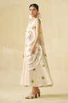 Shop_Stoique_Off White Handwoven Cotton Block Printed Round V-neck Daffodil Dress 