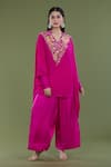 Divya Sheth_Pink Embroidery Dori Round Floral Neckline Kaftan And Pant Set _Online_at_Aza_Fashions