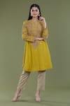 Buy_Divya Sheth_Yellow Chanderi Embroidery Thread Round Kurta And Pant Set  _at_Aza_Fashions