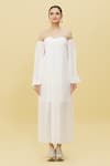 Samyukta Singhania_White Georgette Sweetheart Neck Flared Off Shoulder Dress _at_Aza_Fashions